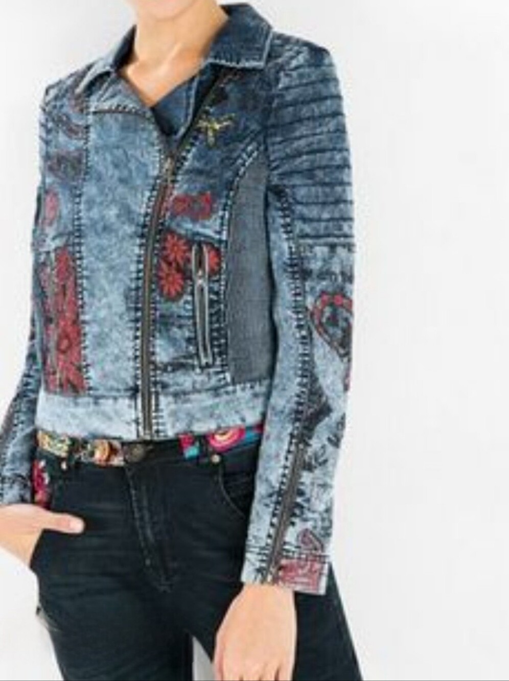 Desigual Blue Embroidered Denim Jacket Size 38/Fits like XS